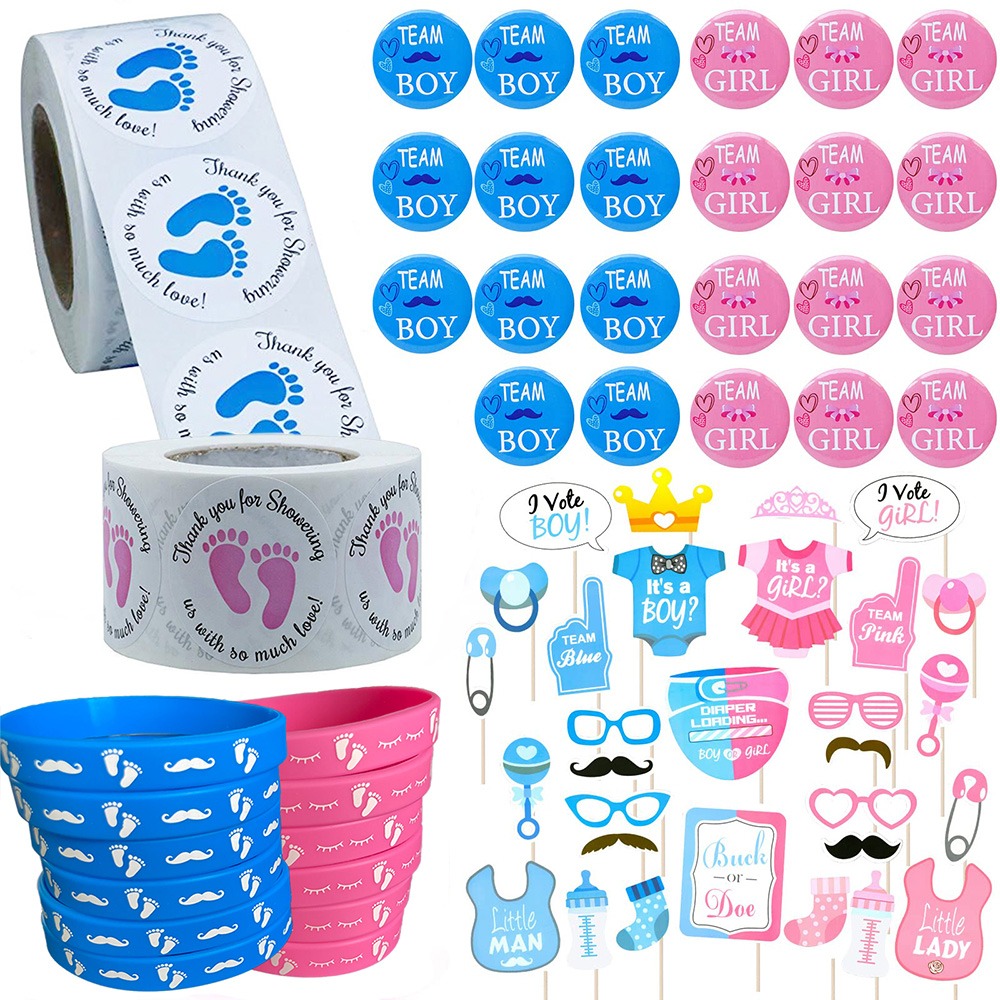 Party Games Graduation Ideas - 性別披露パーティー用品、男の子または女の子のアイディア、バッジピン、ボタンピン、シリコンブレスレット、フォトアクセサリー、ピンクとブルーのゲーム、ベビーシャワー